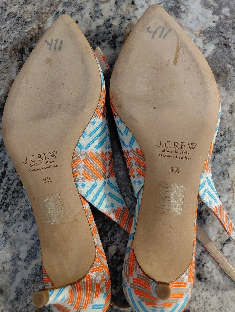 J. Crew Teal & Coral Leather Slingback Heels With A Bow